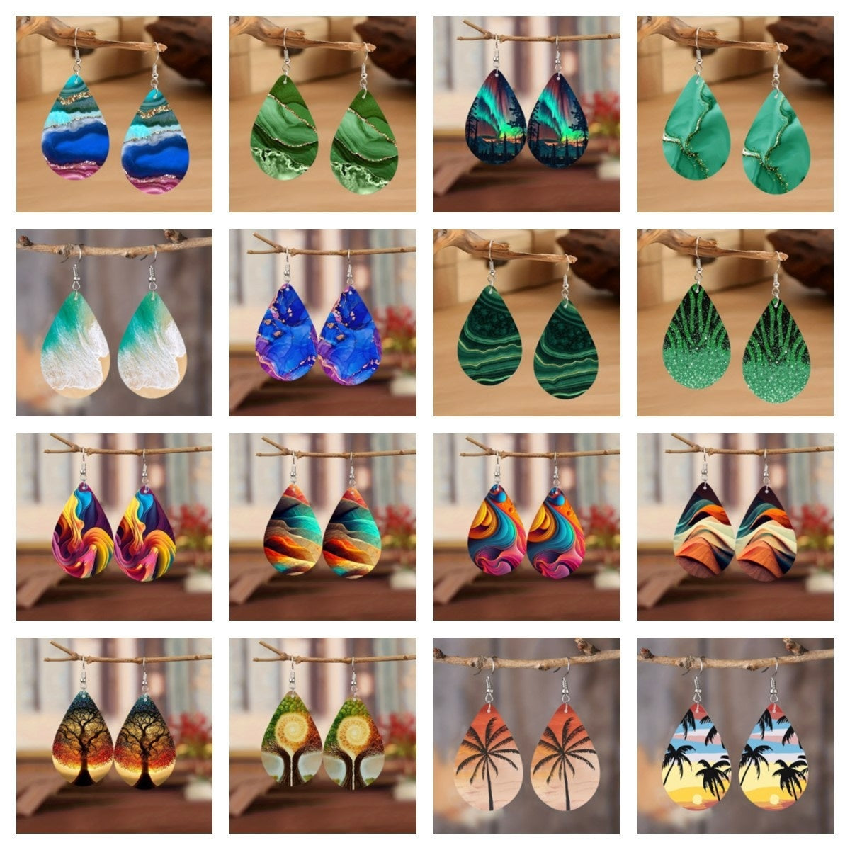 Pattern Small Water Drop Cross Mirror Popular Wooden Earrings