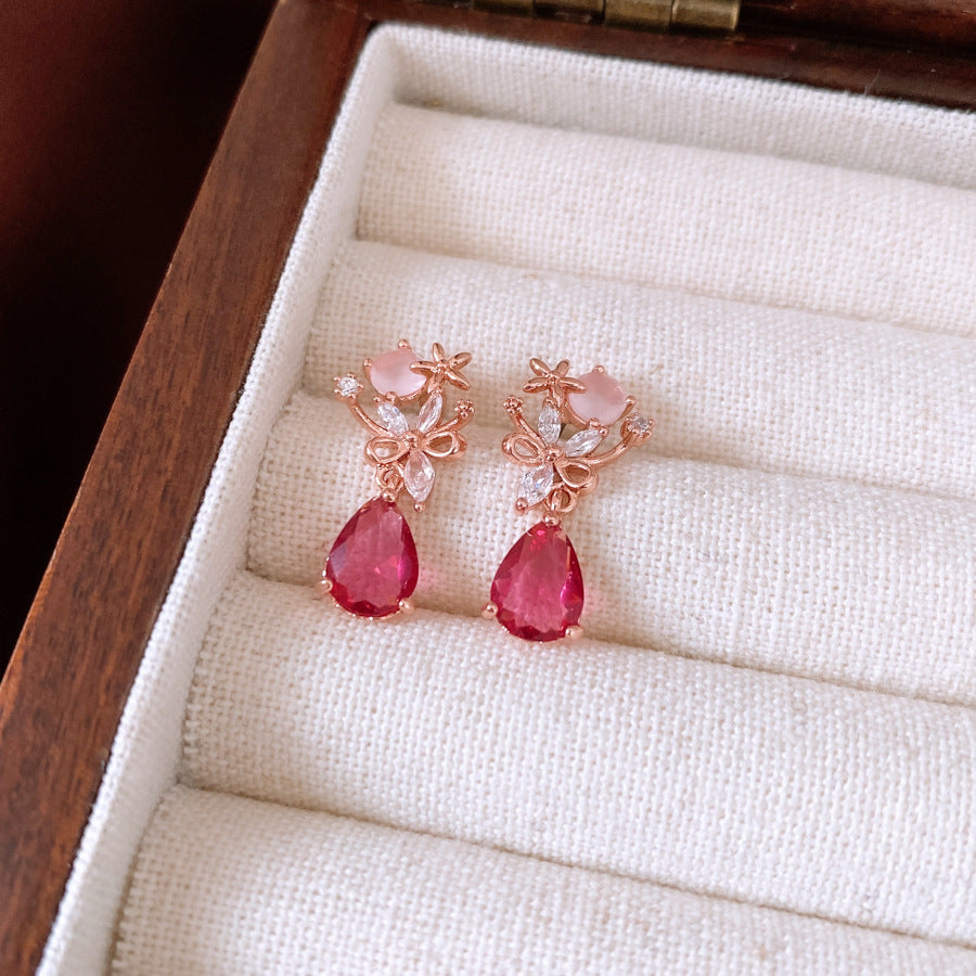 French Style Light Luxury Silver Needle Zircon Flower Earrings