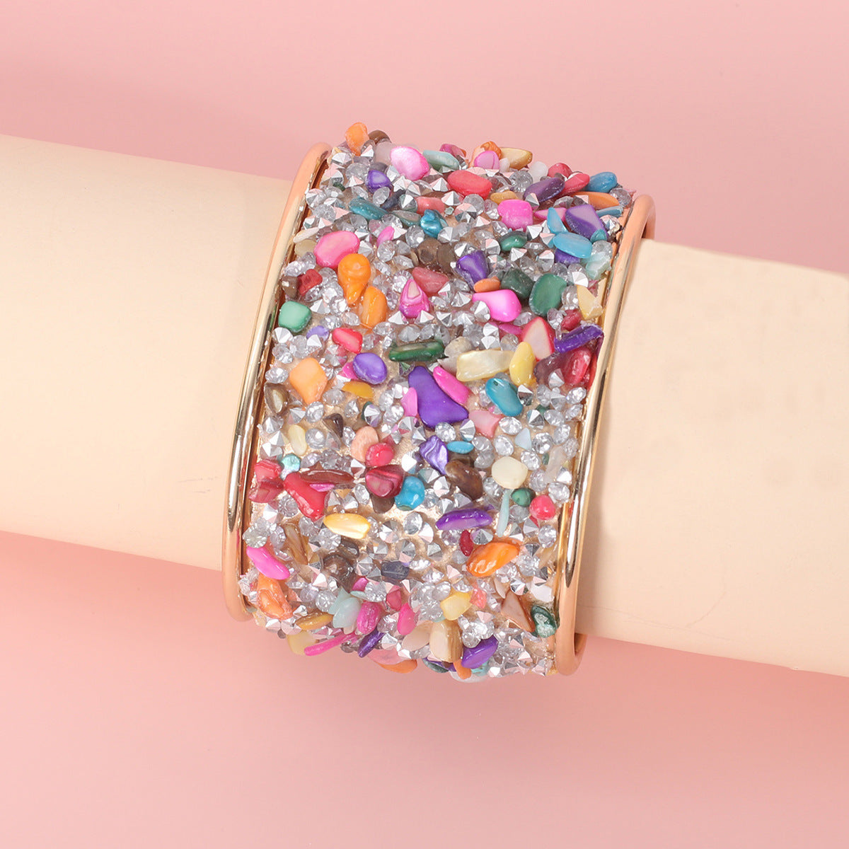 Fashion Wide Women's Retro Color Gravel C- Shaped Opening Bracelet