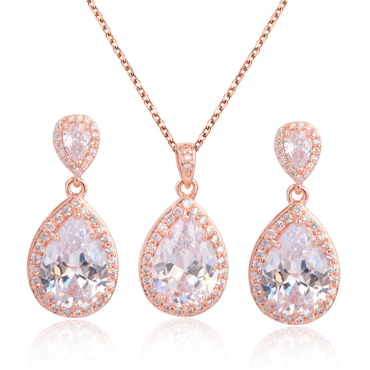 Bridal Jewelry Set Zircon Water Drop Necklace Earrings Gold