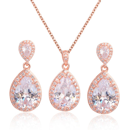 Bridal Jewelry Set Zircon Water Drop Necklace Earrings Gold
