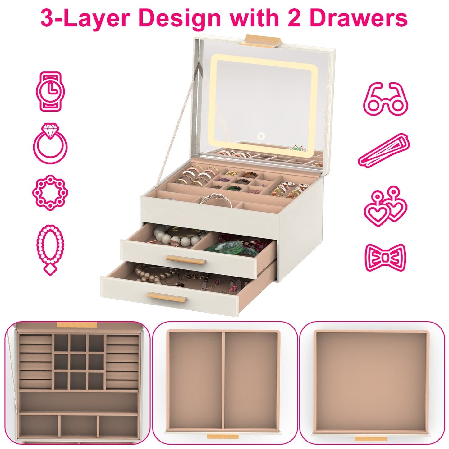 1 Set Jewelry Box With LED Mirror 3 Layer Jewelry Organizer With 2 Drawers PU Jewelry Holder With 3 Mirror Light Colors Dimmable For Earrings Rings Bracelets Necklaces Louisiana Mart