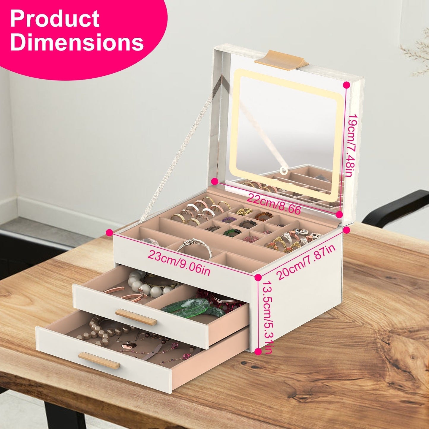 1 Set Jewelry Box With LED Mirror 3 Layer Jewelry Organizer With 2 Drawers PU Jewelry Holder With 3 Mirror Light Colors Dimmable For Earrings Rings Bracelets Necklaces Louisiana Mart