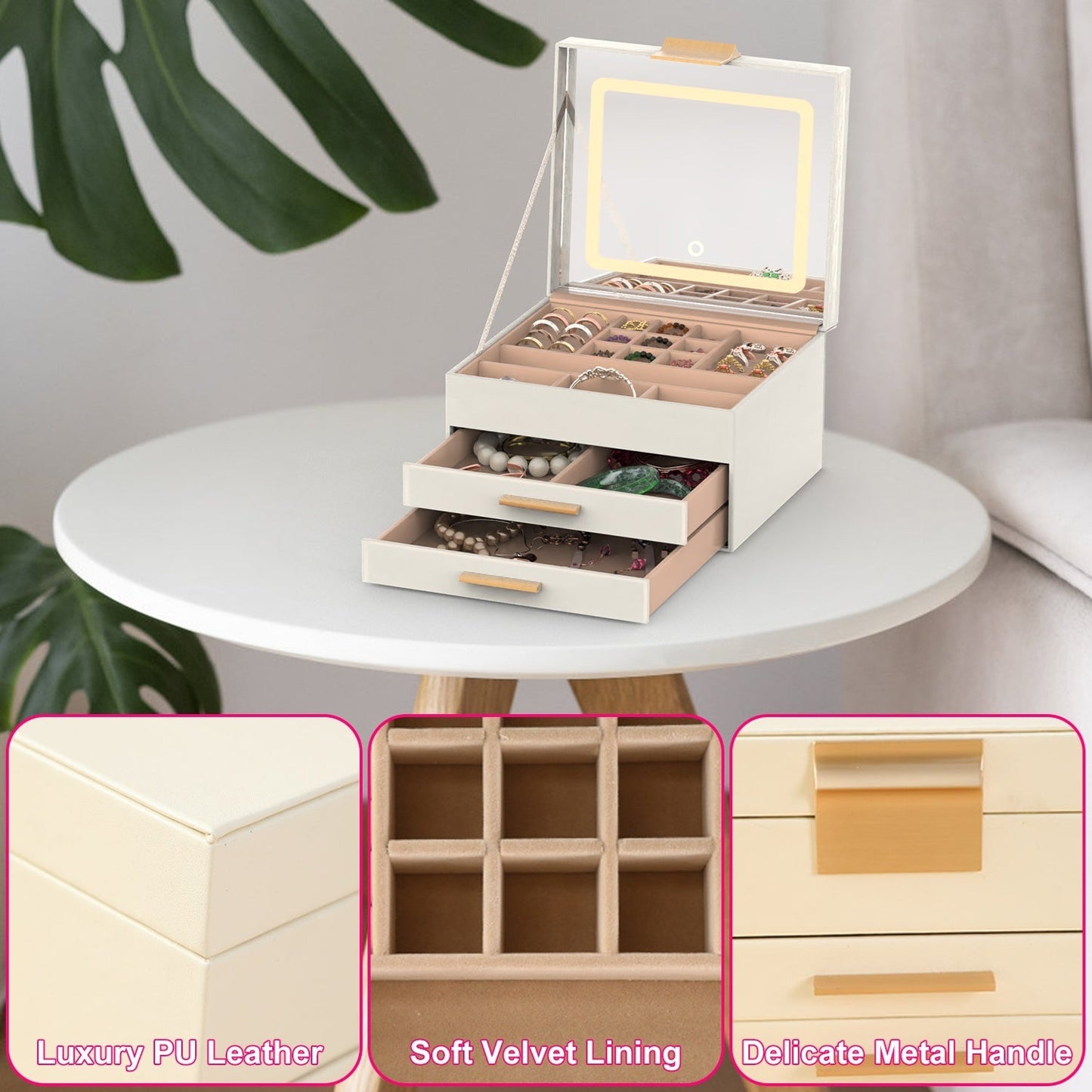 1 Set Jewelry Box With LED Mirror 3 Layer Jewelry Organizer With 2 Drawers PU Jewelry Holder With 3 Mirror Light Colors Dimmable For Earrings Rings Bracelets Necklaces Louisiana Mart