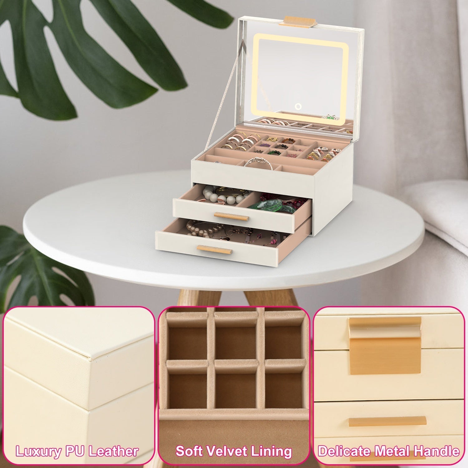 1 Set Jewelry Box With LED Mirror 3 Layer Jewelry Organizer With 2 Drawers PU Jewelry Holder With 3 Mirror Light Colors Dimmable For Earrings Rings Bracelets Necklaces Louisiana Mart