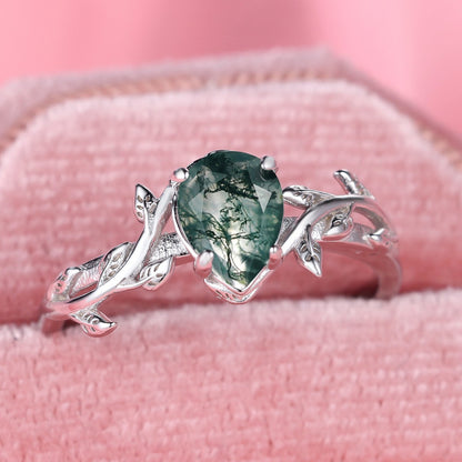 S925 Silver Drop-shaped Agate Edge Branch Leaf Ring