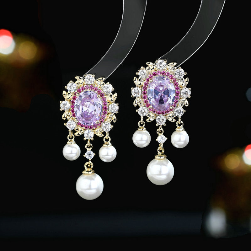 Oval Zircon Inlaid Pearl Tassel Earrings