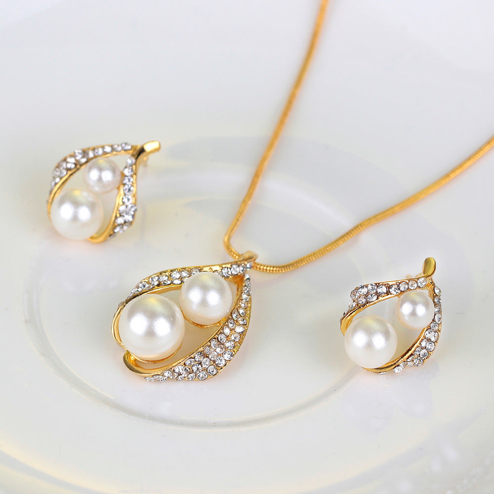 Earrings Necklace Set with Ring Pearl Jewelry 3 Piece featuring elegant golden design and sparkling pearls.