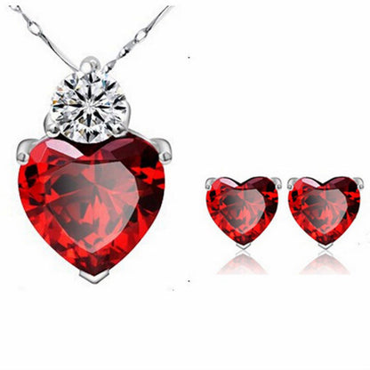 Bridal Jewelry Set Earrings Necklace featuring heart-shaped red gemstones