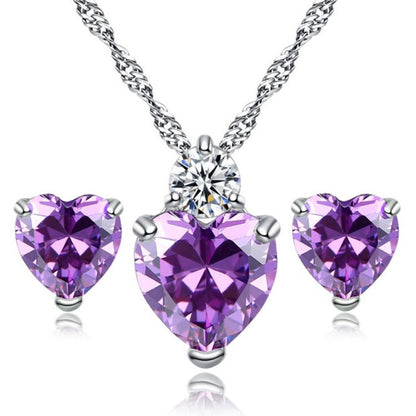 Bridal Jewelry Set Earrings Necklace featuring purple heart-shaped crystals and silver chain, perfect wedding accessories.