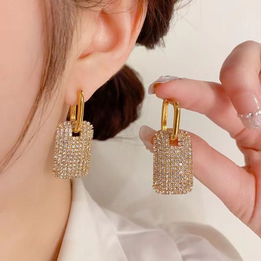 925 Silver Needle Exaggerated Geometric Full Diamond Earrings