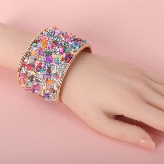 Fashion Wide Women's Retro Color Gravel C- Shaped Opening Bracelet