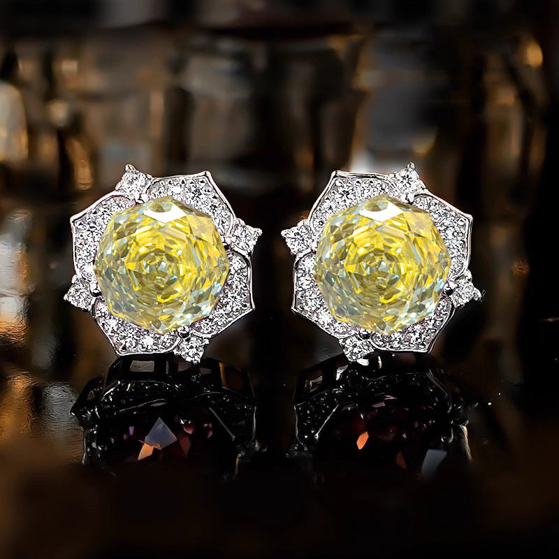Flower Ring Elegant Graceful High Carbon Diamond Goose Yellow Stud Earrings
