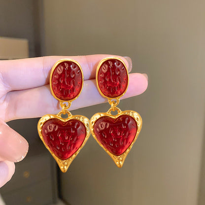 Silver Needle Pleated Oval Love Heart Earrings