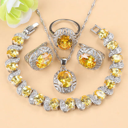 Gem-inlaid Pendant Earrings Necklace And Four-piece Ring Set Pack