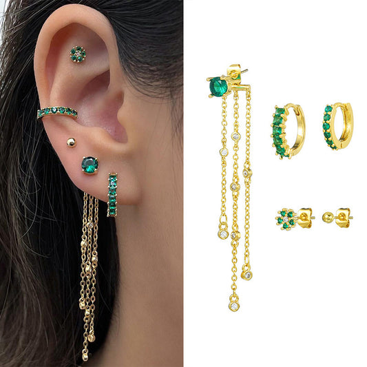 18K Light Luxury Design Green Zirconium Earrings Suit Earrings
