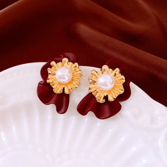 Real Gold Electroplated Silver Needle Pearl Flower Earrings