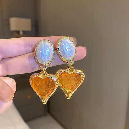 Silver Needle Pleated Oval Love Heart Earrings