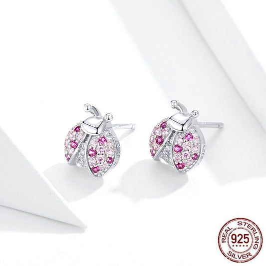 S925 LADYBIRD Earrings White Gold Plated Whole Body Silver