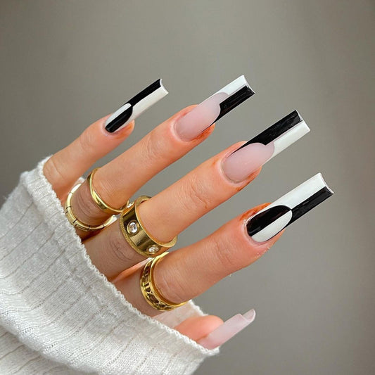 Simple Black And White Color Matching Long Nails Removable Nail Tip 24