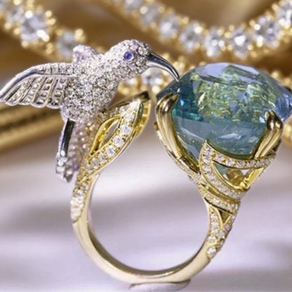 Fashion Luxury Ocean Blue Topaz Hummingbird Shape Open Ring