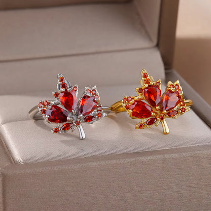 Zircon Red Maple Leaf Ring Female Fashion High Sense Opening Adjustable Design Index Finger Ring