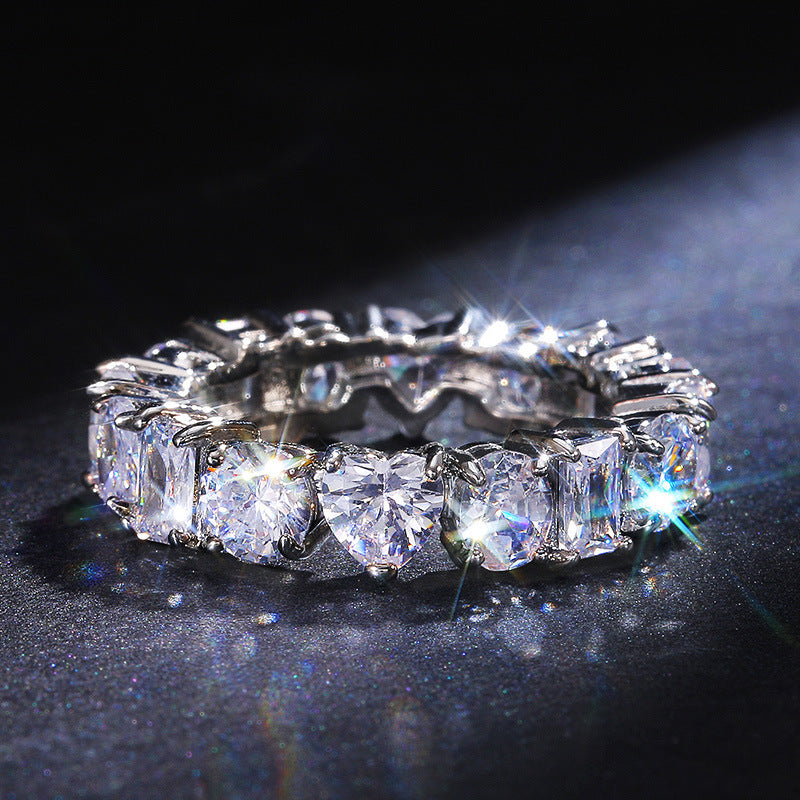 Rectangular Loving Heart Zircon Ring Female Full Circle Fashionable Temperamental All-match White