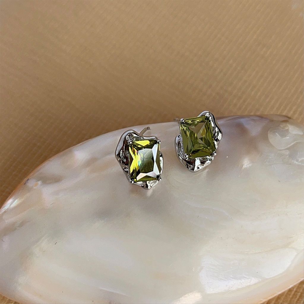 Liquid Olive Green Stud Earrings For Women
