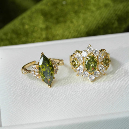 French Shining Olive Green Zircon Ring Female Court Retro