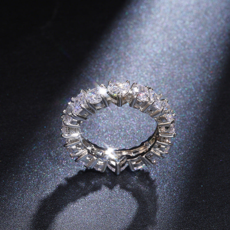 Rectangular Loving Heart Zircon Ring Female Full Circle Fashionable Temperamental All-match White