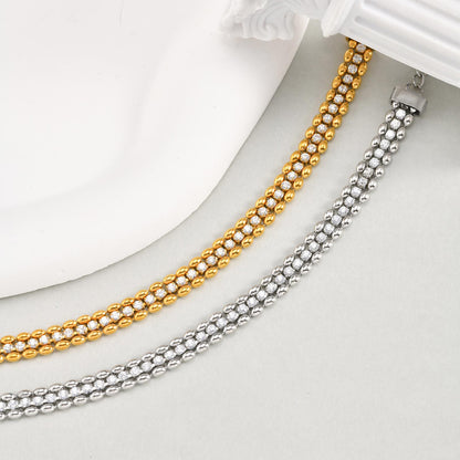 Fashion Stainless Steel Double Row Olive Beads White Zircon Bracelet