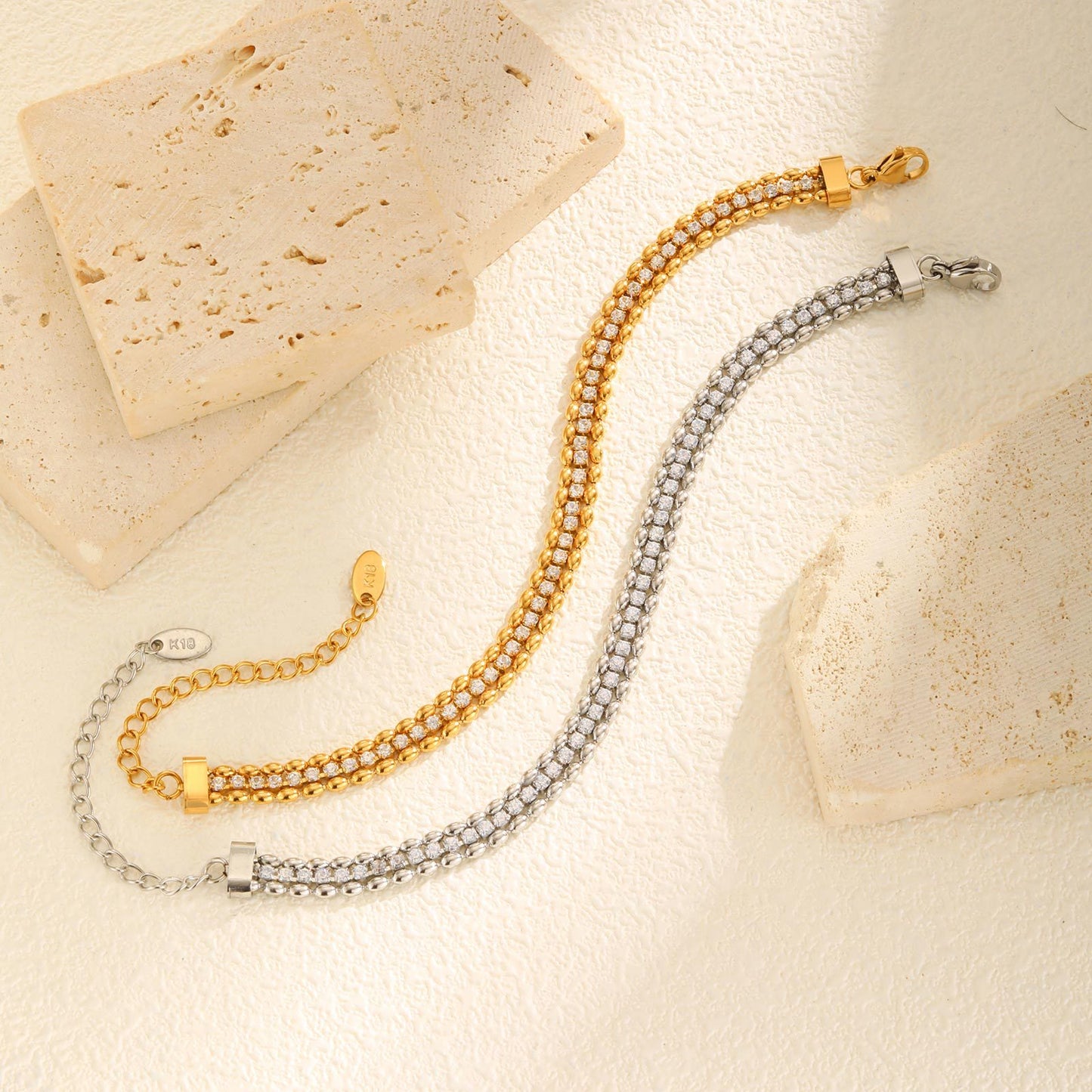 Fashion Stainless Steel Double Row Olive Beads White Zircon Bracelet