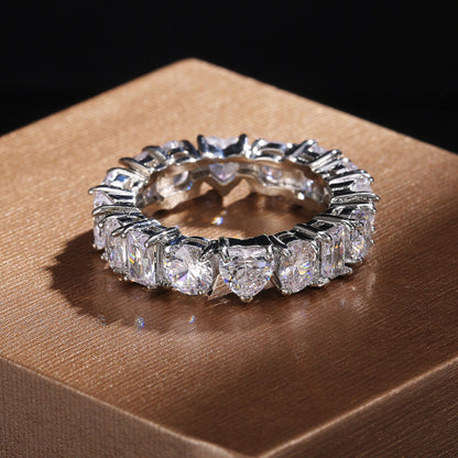 Rectangular Loving Heart Zircon Ring Female Full Circle Fashionable Temperamental All-match White