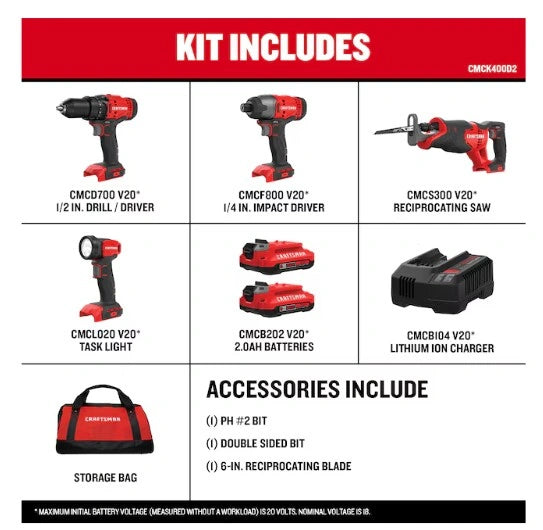 CRAFTSMAN V20 4-Tool Cordless Combo Kit with Batteries (2-Batteries and Charger Included)