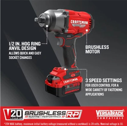 CRAFTSMAN V20 Brushless 1/2-in Cordless Impact Wrench Kit (Battery Included and Charger Included)