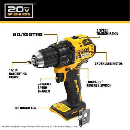 DEWALT 20V MAX Brushless Drill Kit Battery Charger Bag