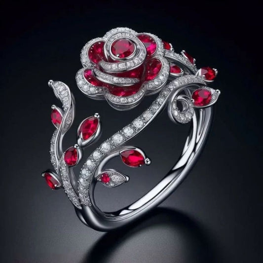 Popular Winding Interwoven Leaves Flowers Red Micro-inlaid Zircon Ring