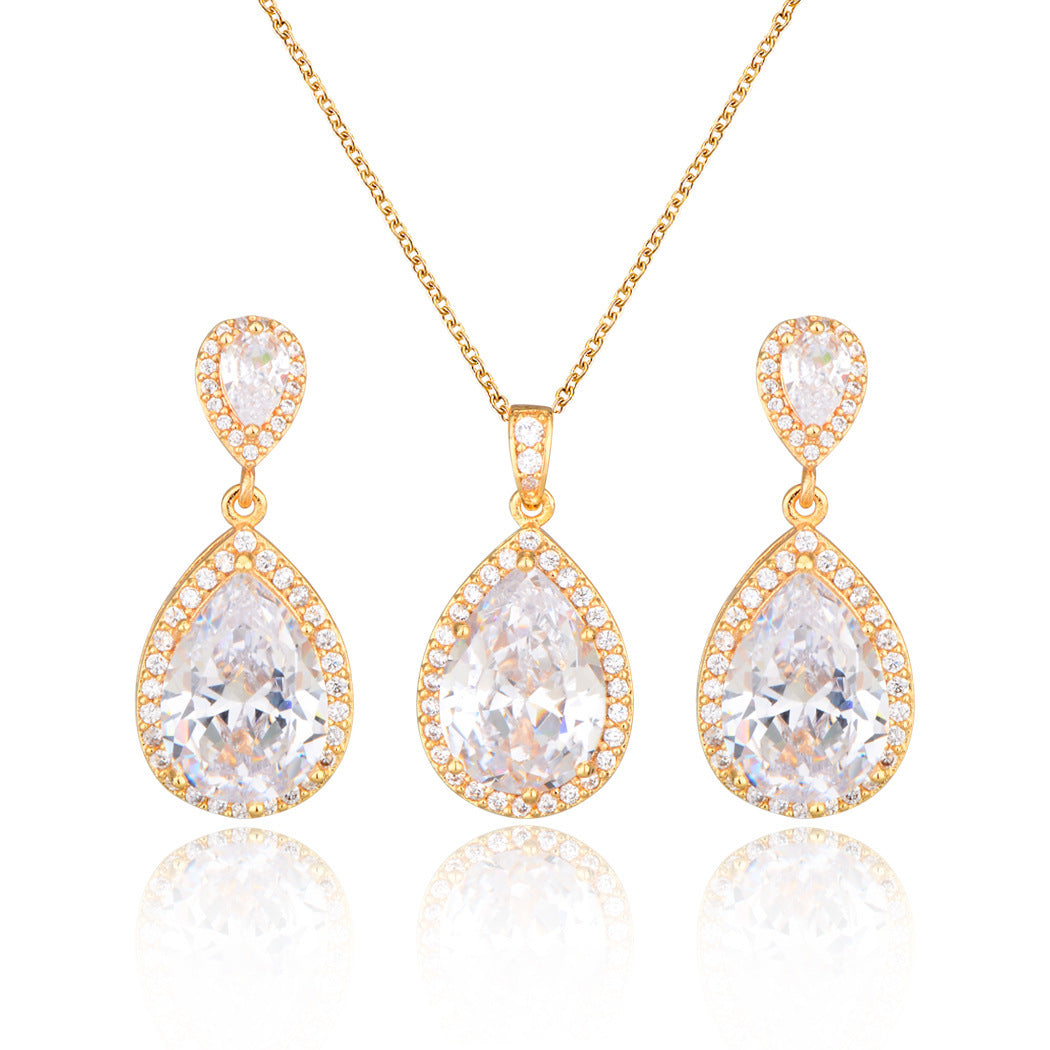 Bridal Jewelry Set Zircon Water Drop Necklace Earrings Gold