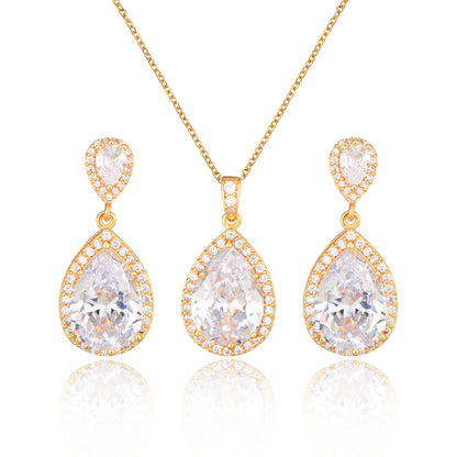 Bridal Jewelry Set Zircon Water Drop Necklace Earrings Gold