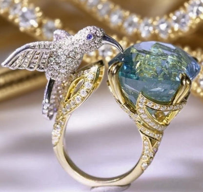 Fashion Luxury Ocean Blue Topaz Hummingbird Shape Open Ring