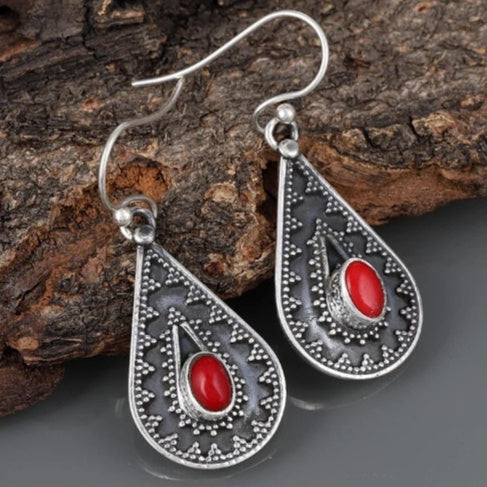 Water Drop European And American National Style Red Pine Gemstone Earrings
