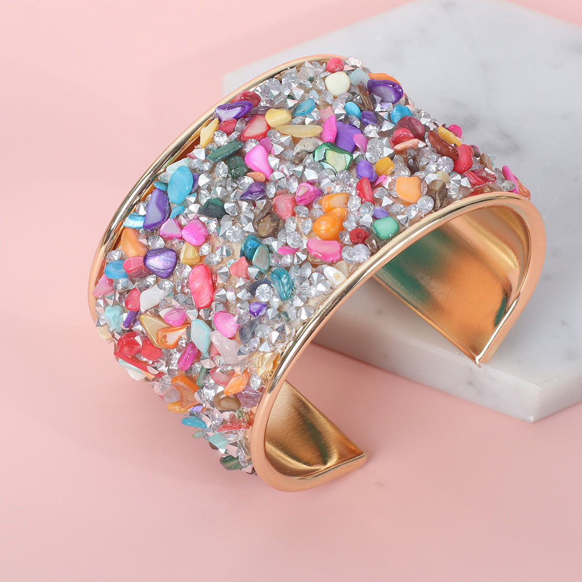 Fashion Wide Women's Retro Color Gravel C- Shaped Opening Bracelet