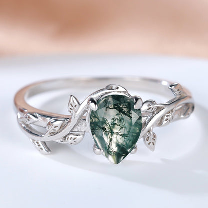 S925 Silver Drop-shaped Agate Edge Branch Leaf Ring