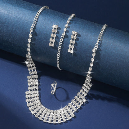 Necklace Bracelet Set Women Earrings Ring Rhinestone Chain