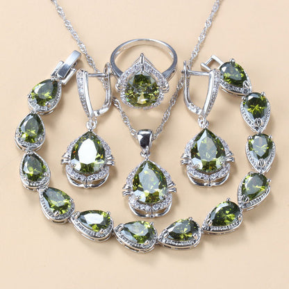 Gem-inlaid Pendant Earrings Necklace And Four-piece Ring Set Pack