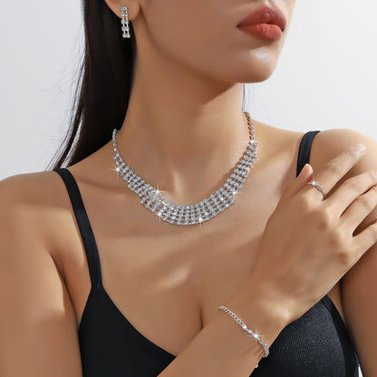 Necklace Bracelet Set Women Earrings Ring Rhinestone Chain
