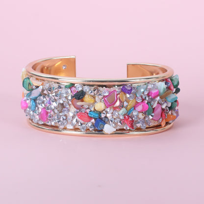 Fashion Wide Women's Retro Color Gravel C- Shaped Opening Bracelet