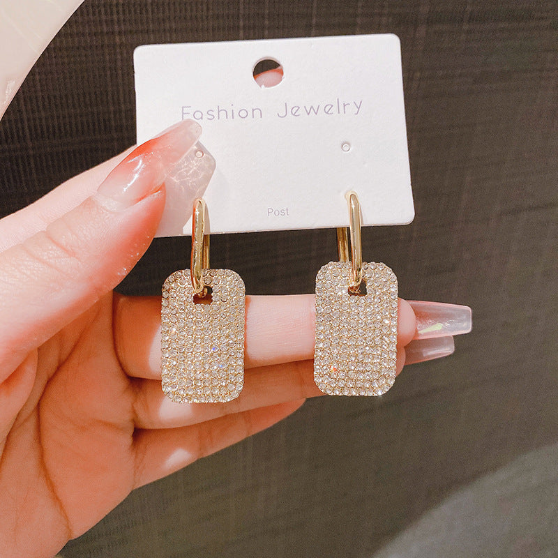 925 Silver Needle Exaggerated Geometric Full Diamond Earrings