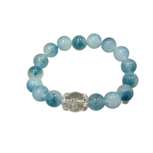 White Crystal Ink Blue Floating Flower Chalcedony Aquamarine Bracelet