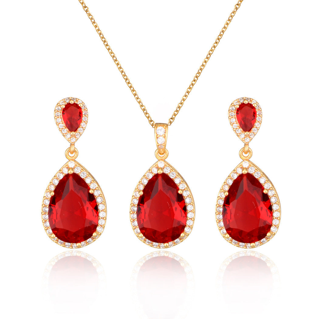 Bridal Jewelry Set Zircon Water Drop Necklace Earrings Gold